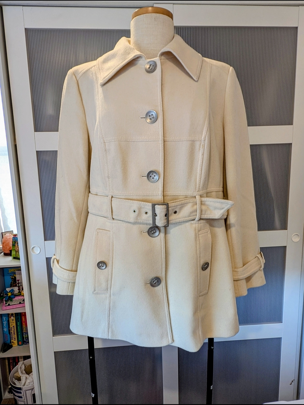Nygard Cream Belted Wool Blend Coat with Notched Collar